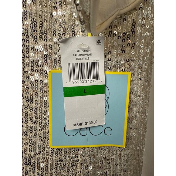 CeCe Champagne Sequin V-Neck Midi Short Sleeve Dress L - Picture 4 of 8